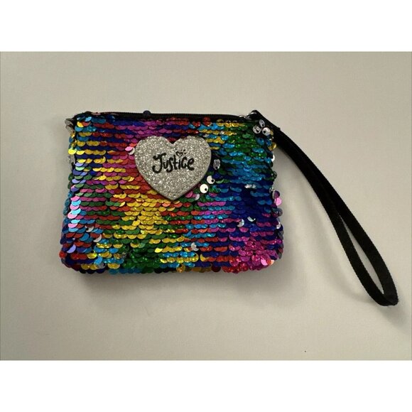 Justice Heart Rainbow Sequin Coin Purse Holder Wallet Wristlet 3.5" x 5"  J29 - Picture 1 of 3